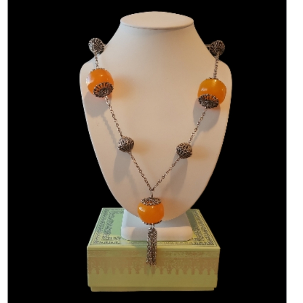 VINTAGE NATURAL BUTTERSCOTCH & EGG YOLK AMBER FILIGREE NECKLACE. - Picture 3 of 10